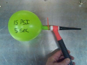 TIG Torch 15 PSI for 5 seconds.