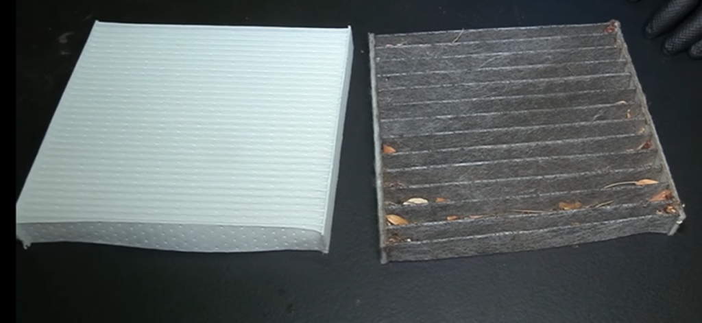 Clean cabin air filter (left) and a dirty cabin air filter (right)